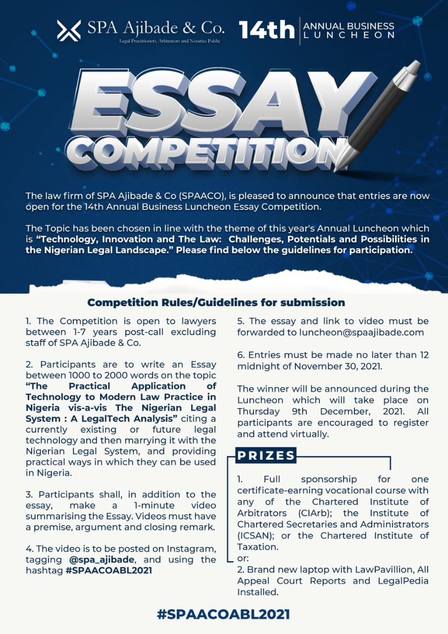 Entries for SPA Ajibade & Co. Essay Competition to close on 30th November, 2021