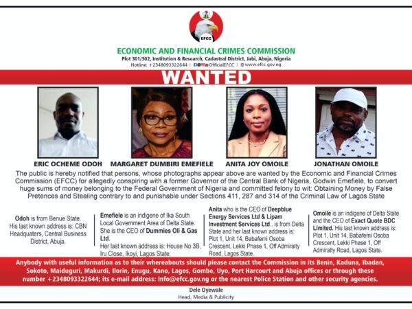 EFCC declares Mrs Emefiele,3 others wanted
